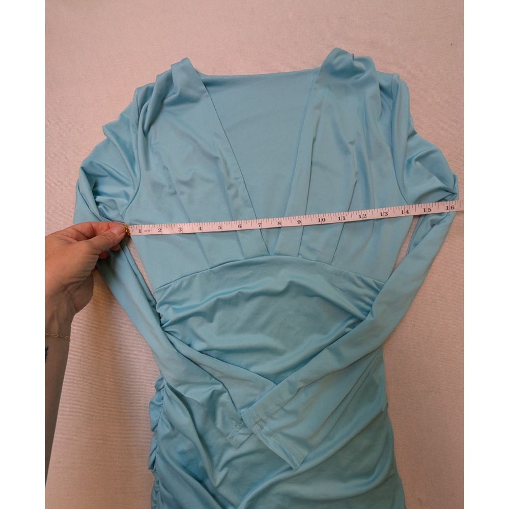 Light Blue Long Sleeve Ruched Bodycon Dress V-Neck Mini Dress - Picture 4 of 9